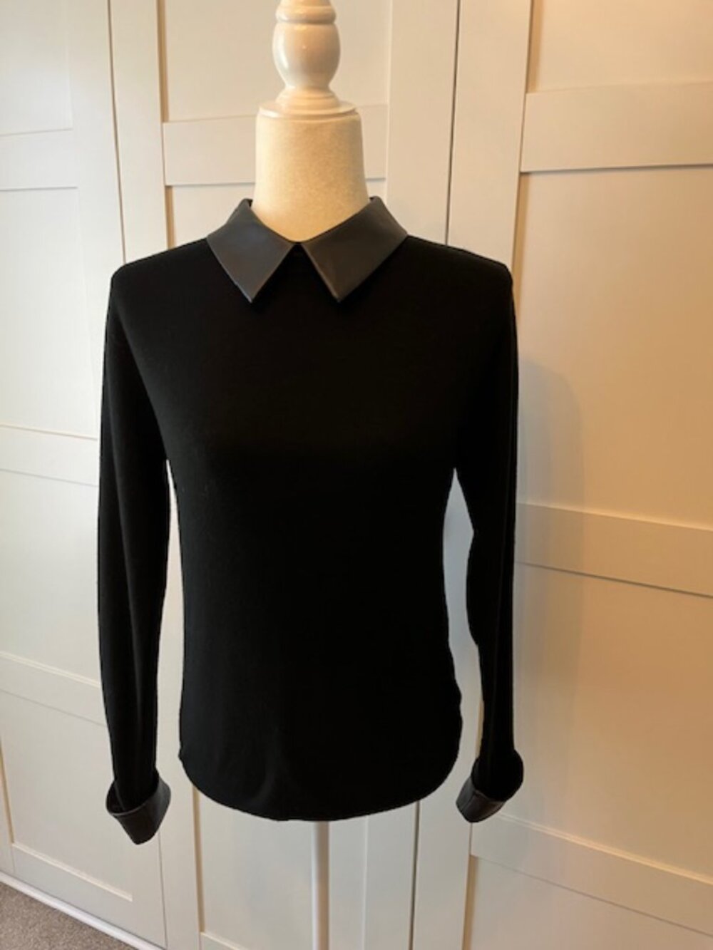 Sioni Milano black sweater with faux leather collar and sleeve trim